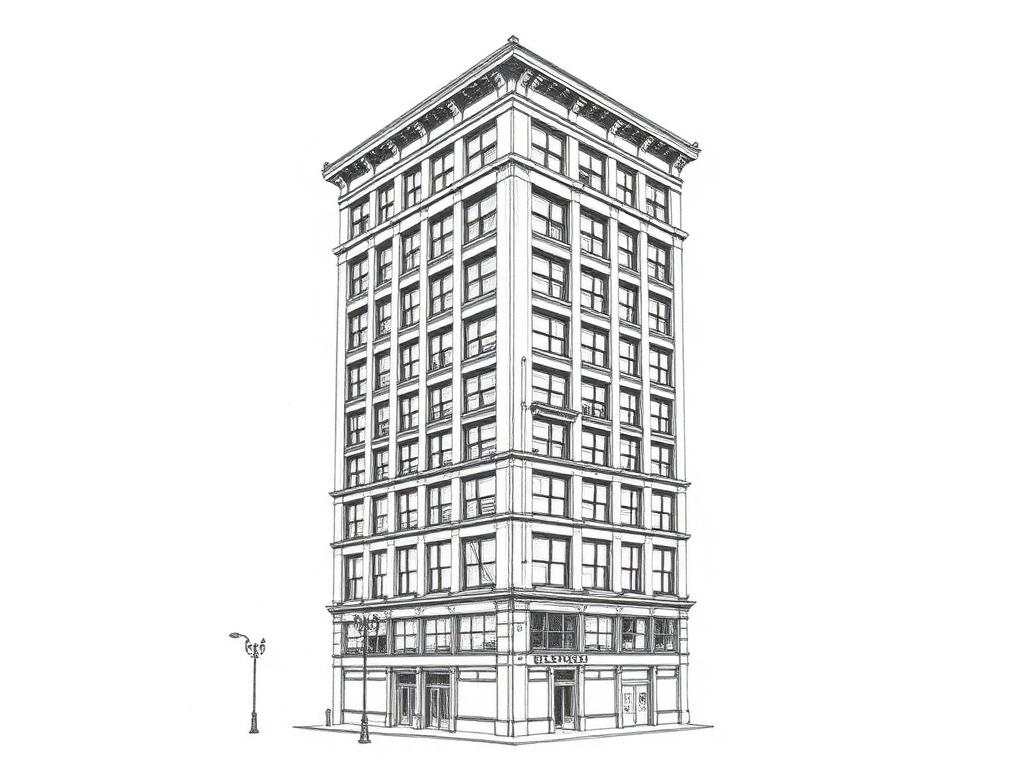 Ink sketch of a Garment District loft building